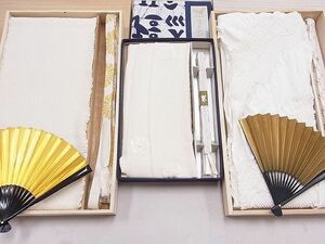 平和屋2■和装小物　礼装用　帯締め・帯揚げ：3点　扇子付　総絞り　刺繍　舞花文　道長花文　金銀糸　未使用品有り　逸品　DAAC8196zzz