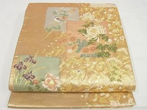 平和屋-こころ店■六通柄袋帯　薪絵　色紙草花文　金糸　正絹　逸品　AAAE6390Bnp