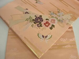 平和屋川間店■九寸名古屋帯　唐織　霞束ね熨斗舞蝶花文　金糸　逸品　cm2924