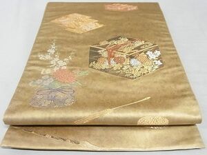 平和屋-こころ店◎太鼓柄袋帯　花文箱文　金糸　引箔　正絹　逸品　AAAE1771Ajz