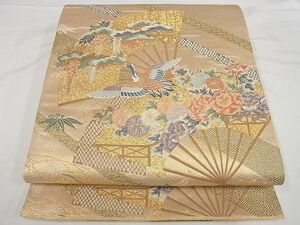 平和屋-こころ店■六通柄袋帯　唐織　扇面飛鶴花文　金糸　正絹　逸品　AAAE6386Bnp