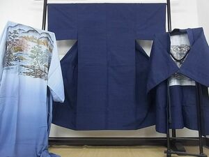 平和屋-こころ店■男性　紬　アンサンブル　長襦袢セット(無双仕立て)　色無地　濃藍色　正絹　逸品　AAAE2607Bwt