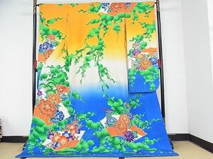 平和屋-こころ店■お引きずり・お引き摺り・引き振袖　掛下　駒刺繍　地紙草花文　暈し染め　正絹　逸品　未使用　AAAE7212Acs