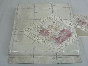 平和屋-こころ店◎九寸名古屋帯　駒刺繍　花菱文　銀糸　正絹　逸品　AAAE2242Bfw