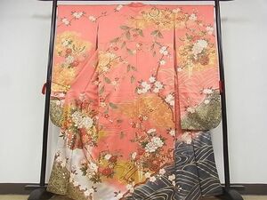 平和屋-こころ店■豪華振袖　駒刺繍　舞蝶花車文　暈し染め　金銀彩　正絹　逸品　AAAE2575Bwt