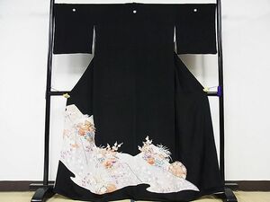 平和屋川間店■豪華黒留袖　駒刺繍　花鳥文　金銀糸　着丈163.5cm　裄丈67cm　正絹　逸品　B-np8145