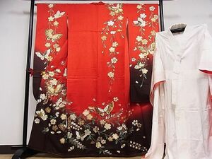  flat peace shop - here . shop # gorgeous long-sleeved kimono long kimono-like garment ( peerless tailoring ) set flower butterfly writing .. dyeing gold paint silk excellent article AAAE4122Bph