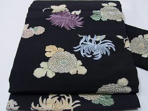  flat peace shop 1# antique Taisho romance 9 size Nagoya obi piece embroidery . black ground excellent article CAAB9758hy