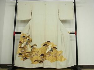 平和屋川間店■豪華色留袖　駒刺繍　飛鶴梅松文　金彩　着丈156cm　裄丈66cm　正絹　逸品　1B-np479