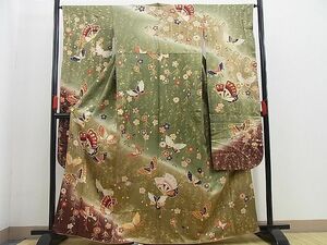  flat peace shop Noda shop # gorgeous long-sleeved kimono Mai butterfly branch shide . Sakura writing .. dyeing gold paint excellent article BAAD7032cw