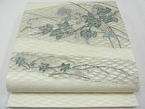  flat peace shop 1# summer thing futoshi hand drum pattern double-woven obi . weave branch flower writing silver thread excellent article unused CAAB8721tx