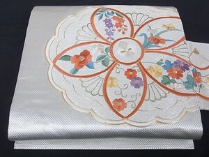 平和屋野田店■九寸名古屋帯　駒刺繍　花唐草文　金銀糸　正絹　逸品　A-tn750