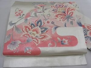 平和屋野田店■九寸名古屋帯　総駒刺繍　エ霞更紗花蝶文　金銀糸　逸品　n-mz5341