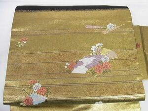 平和屋野田店■九寸名古屋帯　扇面草花文　金糸　逸品　yk0427