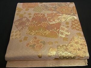 平和屋野田店■佐賀錦　太鼓柄袋帯　色紙重ね草花文　金糸　逸品　dy4958