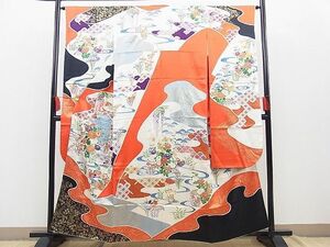  flat peace shop Noda shop # gorgeous long-sleeved kimono piece embroidery ...... flower writing gold paint excellent article BAAD9289gt