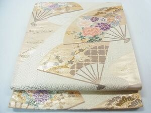 平和屋1◎六通柄袋帯　扇面草花文　弐拾四金二重織　逸品　CAAB8050in