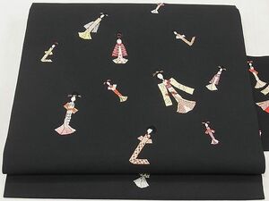 平和屋1◎塩瀬　九寸名古屋帯　総刺繍　人物文　黒地　金糸　逸品　CAAB7262ku