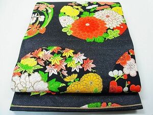 平和屋1◎六通柄袋帯　唐織　草花丸文　黒地　金糸　逸品　CAAB8077in