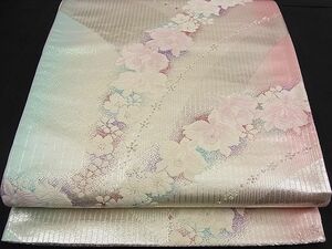 平和屋野田店■両面　六通柄袋帯　唐織　吉祥花文　銀糸　逸品　n-nr0301