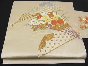 平和屋野田店■九寸名古屋帯　唐織　総刺繍　扇面花文　金銀糸　逸品　n-pk0938