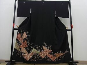 平和屋野田店■豪華黒留袖　手描き　切嵌更紗花文　金彩　逸品　n-kg2612