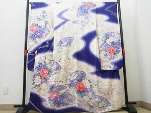 平和屋野田店■豪華振袖　駒刺繍　檜扇牡丹花文　暈し染め　銀彩　逸品　n-wb1875