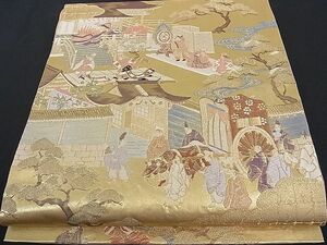 平和屋野田店■六通太鼓柄袋帯　作家物　平安人物風景文　金糸　逸品　hy5895