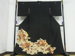 平和屋野田店■豪華黒留袖　駒刺繍　扇面吉祥花文　金彩　逸品　ma2049