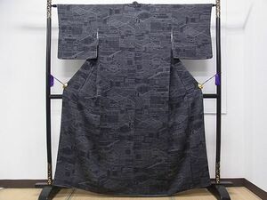 平和屋野田店■上質な小紋　風景文　黒地　鬼しぼ縮緬　逸品　kb3080