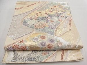 平和屋野田店■六通柄袋帯　唐織　九百錦　鴛鴦流水花鳥絵巻文　金銀糸　逸品　n-da0280