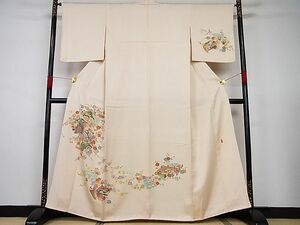 平和屋野田店■訪問着　友禅　作家物　栄　地紙御所車風景花文　着丈162cm　裄丈65cm　正絹　逸品　A-ck6014