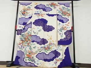 平和屋野田店■豪華振袖　駒刺繍　絞り　風景花文　金彩　着丈163.5cm　裄丈64cm　正絹　逸品　B-sa4553