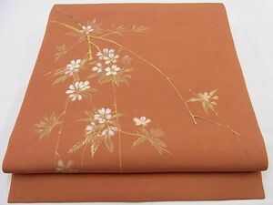 平和屋野田店■塩瀬　九寸開き名古屋帯　手描き　枝花文　金彩　逸品　n-pk3751