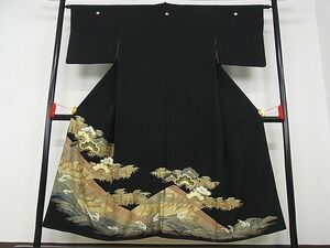 平和屋野田店■豪華黒留袖　立波群鶴文　金銀彩　着丈146.5cm　裄丈62cm　正絹　逸品　B-wt9111