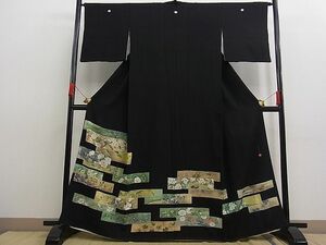 平和屋野田店■豪華黒留袖　作家物　刺繍　手描き　横段吉祥花鳥文　本金箔　逸品　n-fw3095