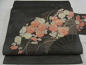 平和屋野田店■夏物　九寸名古屋帯　唐織　扇面花文　黒地　金銀糸　逸品　n-kg2943