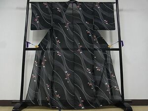 平和屋野田店■夏物　小紋　絽　流水舞蝶文　黒地　着丈161cm　裄丈63.5cm　洗える着物　B-wt8665