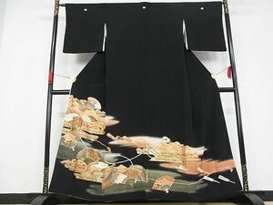 平和屋野田店■豪華黒留袖　駒刺繍　扇面霞文　金彩　着丈159.5cm　裄丈64.5cm　正絹　逸品　A-ma5766