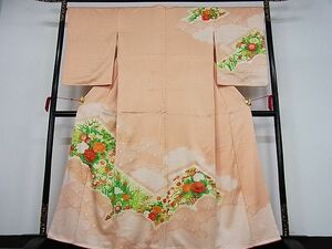 平和屋野田店■訪問着　駒刺繍　絞り　草花文　金彩　着丈159cm　裄丈67cm　正絹　逸品　A-ex5043