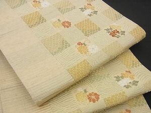 平和屋野田店■六通柄袋帯　唐織　市松花文　金通し地　正絹　逸品　B-cy3918