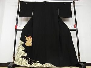 平和屋野田店■豪華黒留袖　駒刺繍　能舞　金彩　着丈164cm　裄丈65.5cm　正絹　逸品　A-bw3752