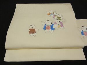 平和屋野田店■塩瀬　九寸名古屋帯　手描き　童子　正絹　逸品　A-pf3996