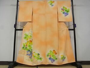 平和屋野田店■訪問着　刺繍　籬葡萄蔦の葉文　暈し染　着丈157.5cm　裄丈66.5cm　正絹　逸品　B-wt7390