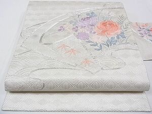 平和屋野田店■九寸名古屋帯　駒刺繍　流水地紙花文　銀糸　逸品　dx0561