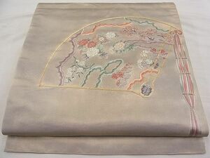 平和屋野田店■袋帯　総刺繍　駒刺繍　檜扇吉祥草花文　金糸　逸品　n-pk2750