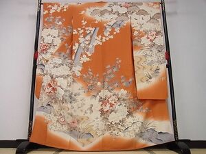 平和屋野田店◆豪華振袖　駒刺繍　流水草花文　着丈164cm　裄丈66cm　正絹　逸品　mop3443