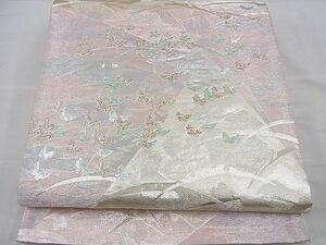 平和屋野田店■六通柄袋帯　雪芝舞蝶花文　銀糸　逸品　n-cw0015