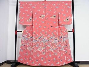 平和屋野田店■訪問着　型染め　風景花鳥文　鬼しぼ縮緬　着丈160cm　裄丈66cm　正絹　逸品　B-np9044