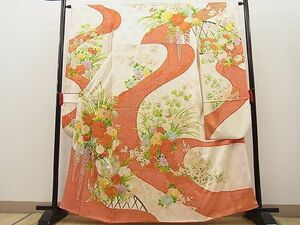 平和屋野田店■豪華振袖　絞り　駒刺繍　流水籬花車文　金彩　阪急扱い　逸品　n-ab0421